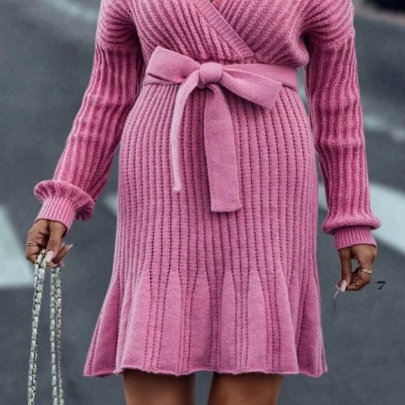 Lace Detailed Cold Shoulder Long sleeve Belted Sweater Dress Pink - Picture 4 of 9